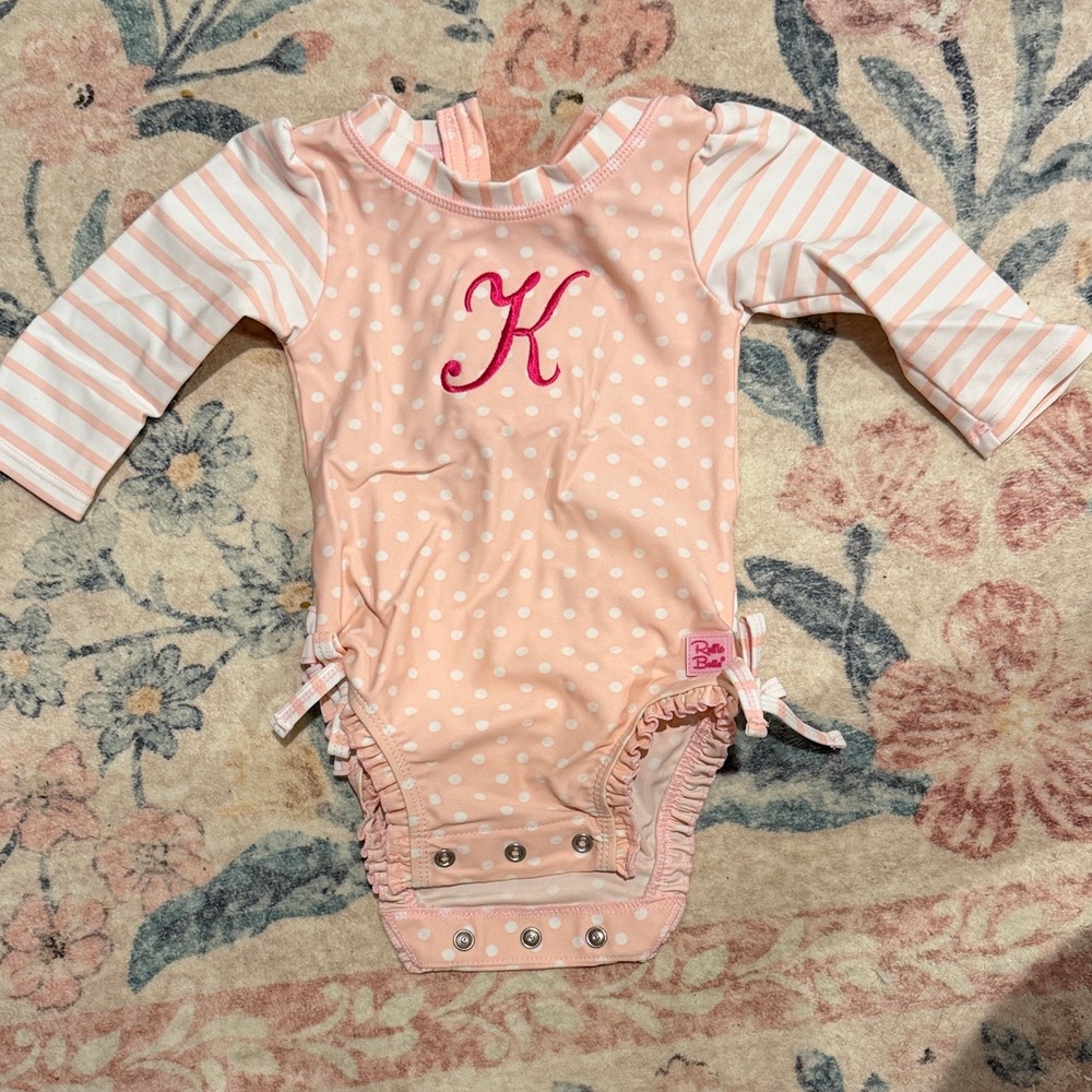 Ruffle Butts Pink Polka Dot One Piece K embroidered